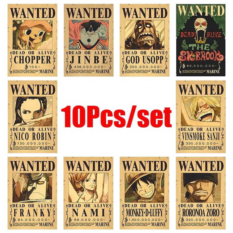 

10Pcs/set One Piece Anime Vintage Posters Aesthetic Teen Room Living Wall Decoration Anime Pirate Wanted Paintings Stickers Toys