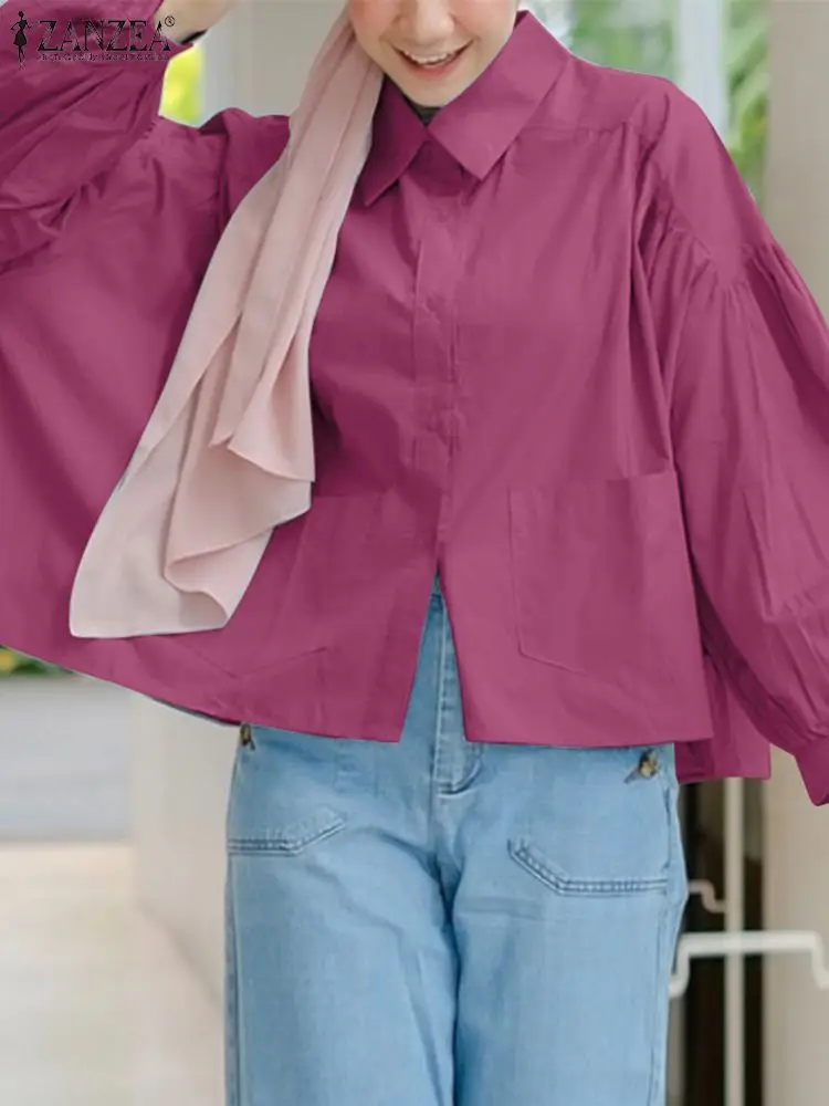 

ZANZEA Fashion Women Muslim Blouse Autumn Lapel Neck Long Sleeve Work Shirt Solid Abaya Tops Eid Mubarek Casual Loose Blusas