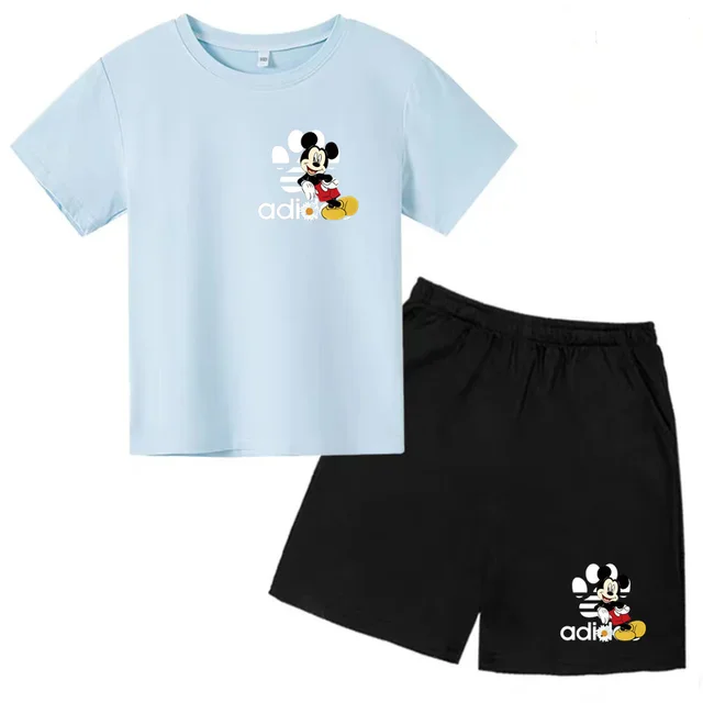 thumbnail image 1 of Conjunto de 2 piezas de camiseta y pantalones cortos de marca Disney de manga corta de verano para niños y niñas, conjuntos de moda para bebés de 2 a 12 años, 1 of 5