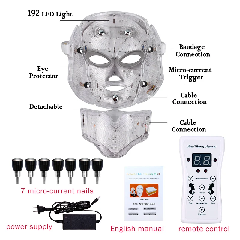 7 Colors LED Facial Neck Mask Skin Rejuvenation Photodynamic Anti Acne Therapy Whiting Shrink Pores Salon SPA Home Use