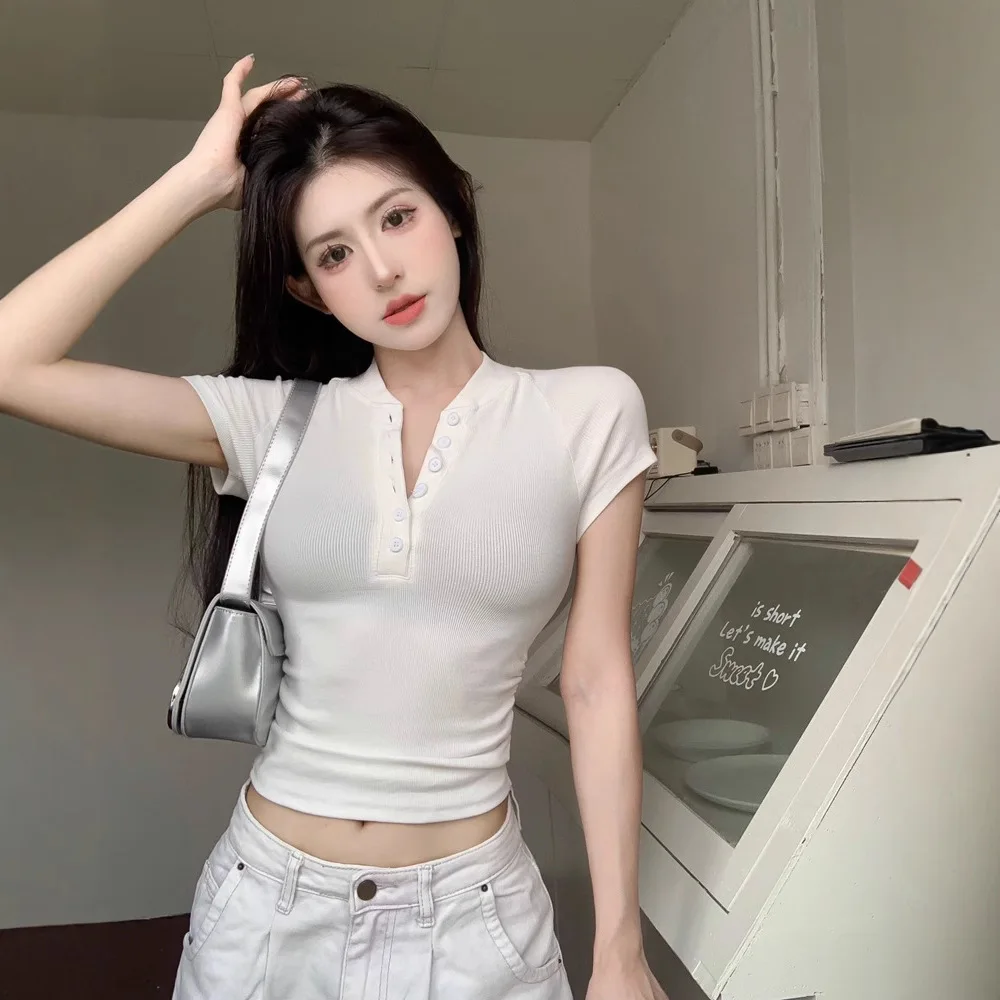 Women Summer V Neck Short Sleeve Cropped T Shirt