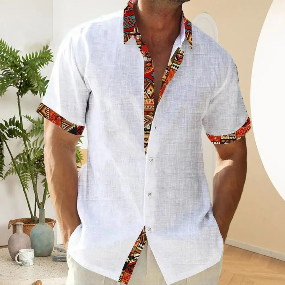 

Men Hawaiian Beach Short Sleeve Shirt Flax Turn-down Collar Single-breasted Loose Vacation Holiday Beach Top ropa hombre