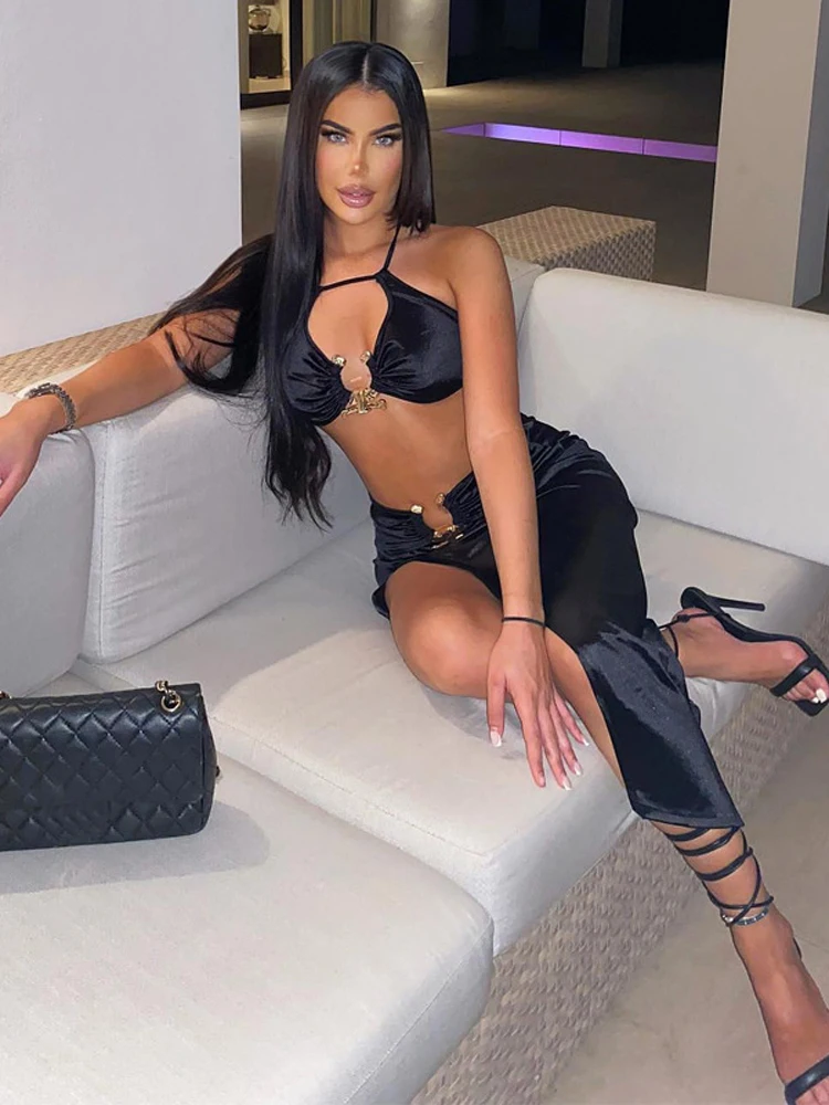 

Two Piece Y2K Set for Women 2022 Vacation Clothes Sexy Birthday Club Outfits Halter Crop Top Split Midi Skirt Dress Sets