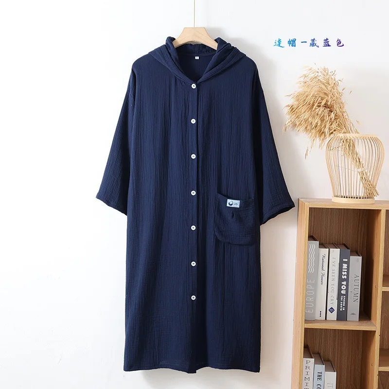 Cotton Double Layered Loose Cardigan Button Up Hooded Long Sleeved Bathrobe Nightgown with Pocket Couples Home Pajamas Clothes