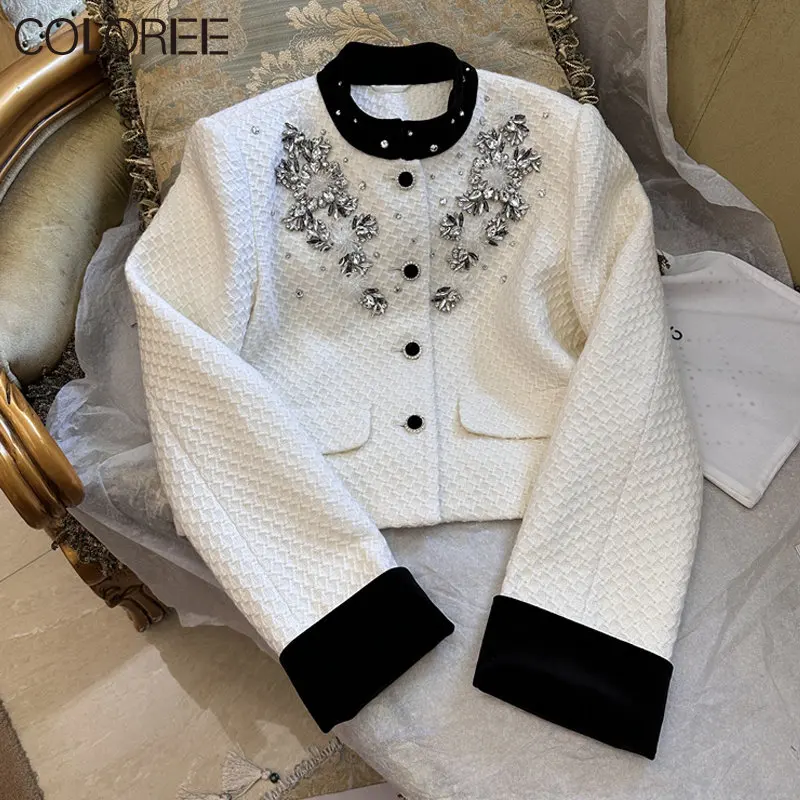 

Luxury Diamonds Beading White Tweed Women Jacket 2023 Designer Autumn Winter Clothes Korean Fashion New In Outerwears