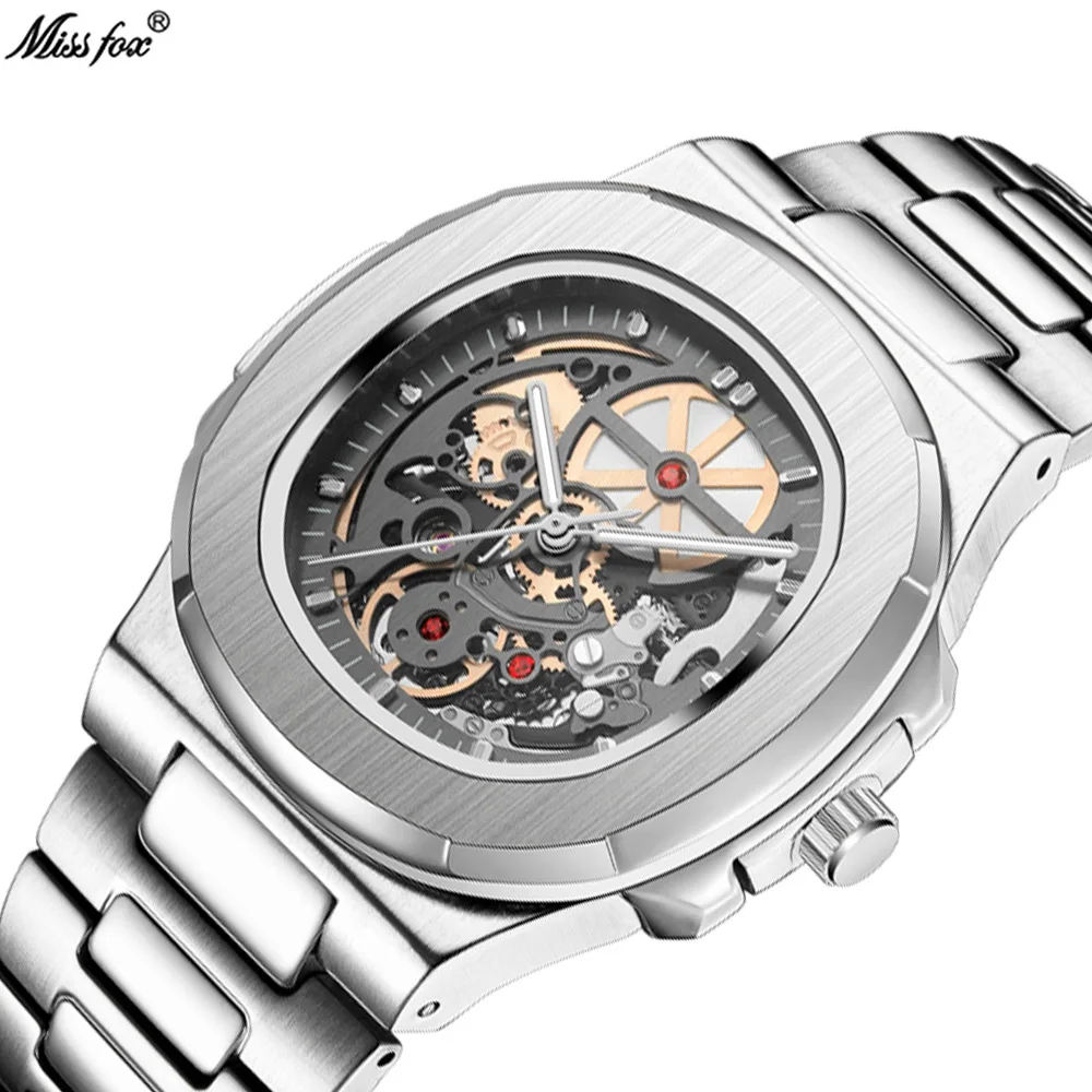 Power Reserve Mechanical Men Wristwatch Skeleton Stainless Steel Powerful Automatic Watches Square Waterproof Hand Clock Gift