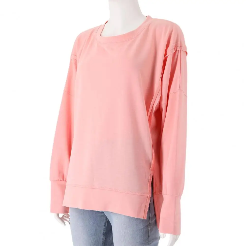 

Breathable Sweatshirt Versatile Women's Fall Spring Sweatshirt O Neck Long Sleeve Loose Fit with Split Hem Stylish for Daily