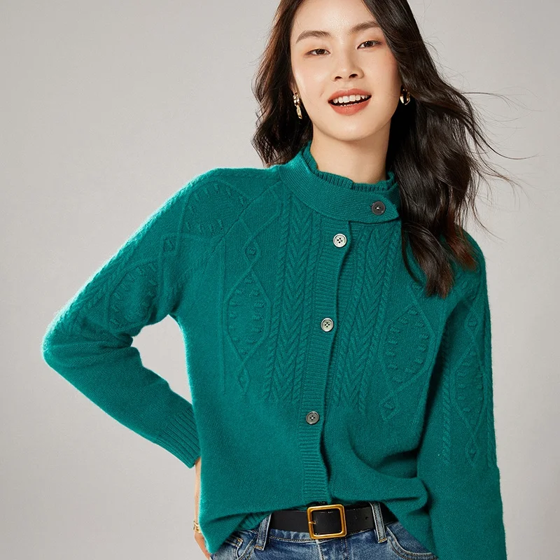 

Женский кардиган с высоким воротником, утепленный кардиган из 2022 чистой шерсти, Осень-Зима 100%