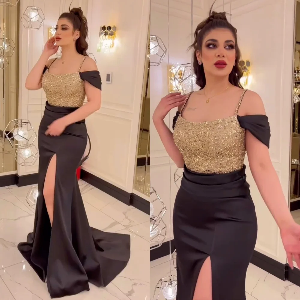 

Prom Dresses Sparkle Spaghetti Strap Poretrait Mermaid Sweep/Brush Evening Dresses Sequin Satin Formal Occasion Gown vestido fem