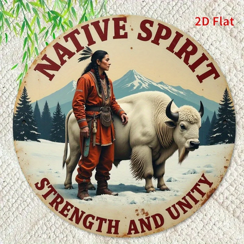 2D flaches 1-teiliges rundes Holzschild „Vintage Water Buffalo“ und Indianer, Berglandschaft, geeignet für Heimdekoration – Detail 7
