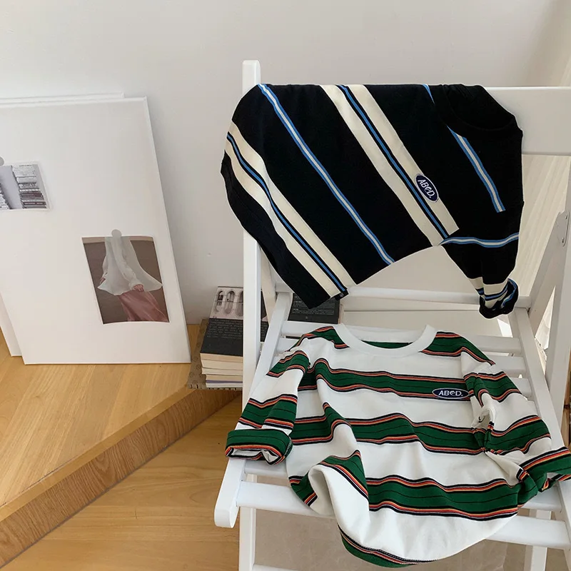 2025 Spring Autumn Kids Boys T-shirts Cotton Striped Loose Sticker Casual Long Sleeve Baby Girls Shirts Toddler Boys Tops - 3