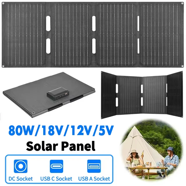 80W Folding Solar Panel Portable ETFE Solar Charger Cells Type-C+USB+DC Output for Outdoor Camping Hiking Phone Power Station 1