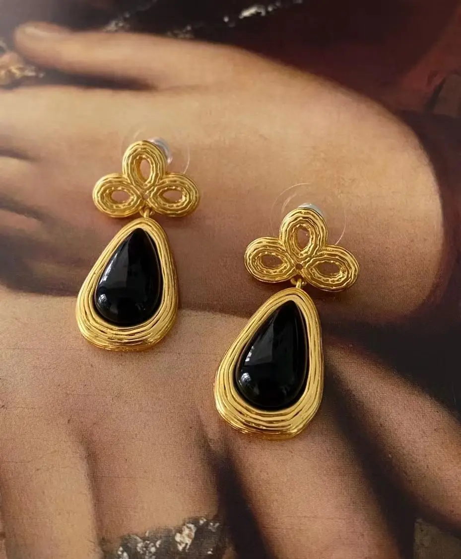Vintage 14K Gold Waterdrop Black Stone Ear Stud Chunky Drop Ciondola L'Orecchino Donna Accessori Retrò Orecchini In Agata Spinello Nero