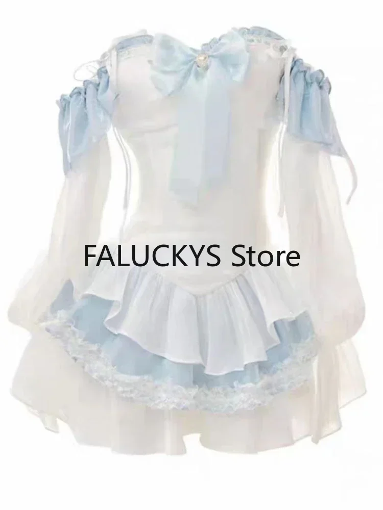 2024 Summer Blue Lolita Clothing Suit Slim Vest + Kawaii Y2k Mini Dress Elegant Short Party Dress Japanese Style Fashion Suit 6