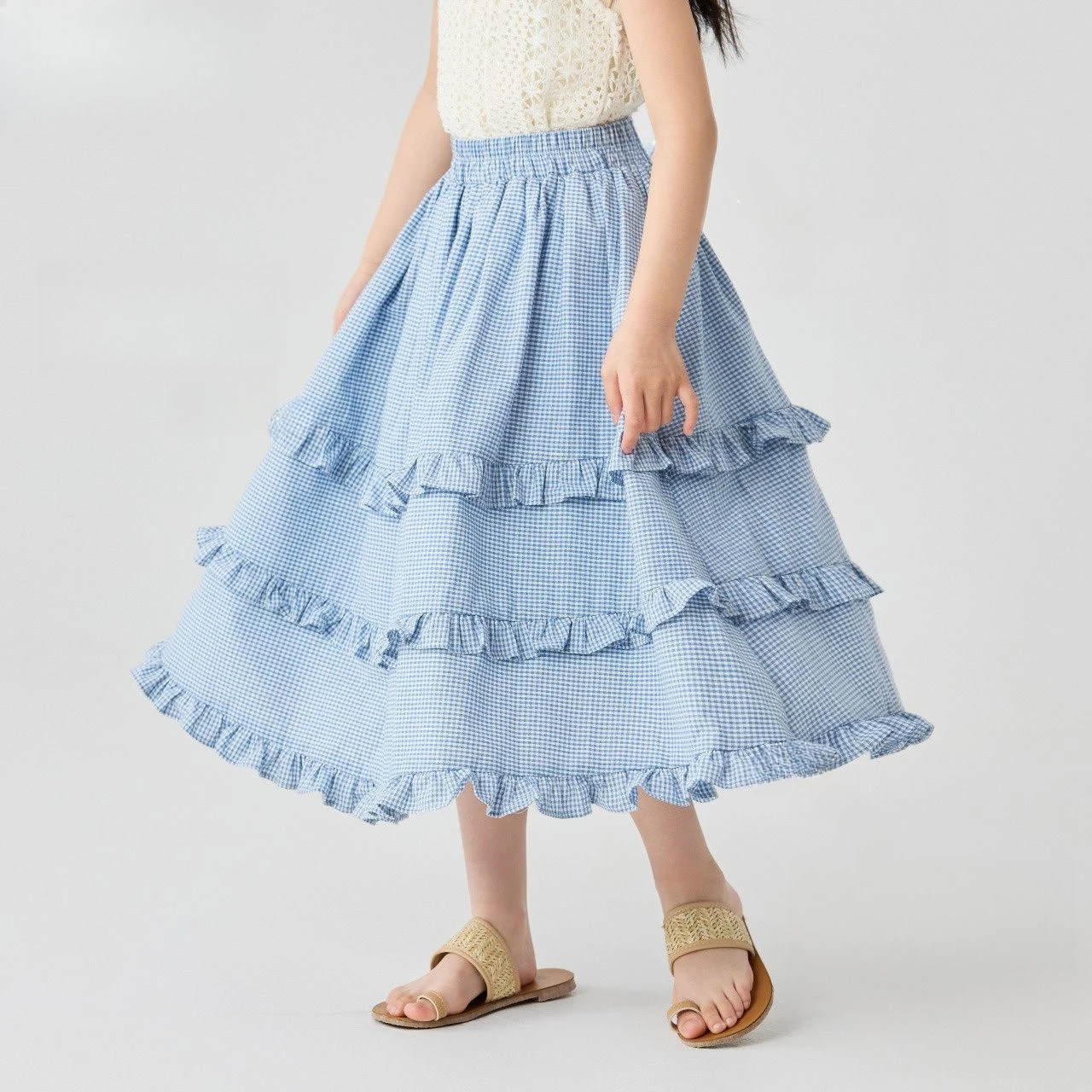 Kids Girls Blue Cake Dress Children Casual Ruffle Dresses Summer Casual Plaid Cotton Dress Lorean Style