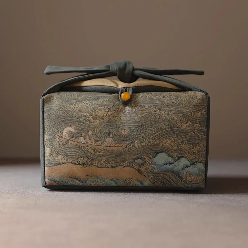 Tea Cup Bags with Drawstring Foldable Cloth Bag Chinese Style Printed, Scenic Travel Bag Teapot Tea Set Storage Organizer