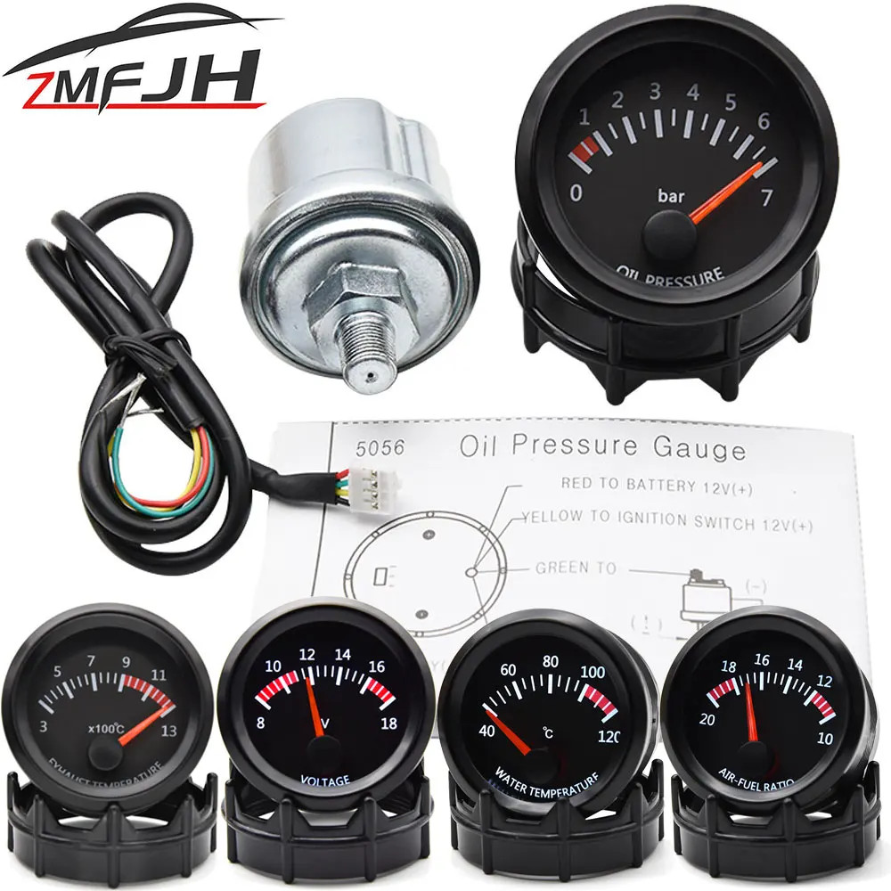 2" 52mm 12V Universal Auto Car Oil Pressure Gauge 0-7Bar Oil Press Gauge LED Meter with Sensor For 12V Racing Gauge Black Holder