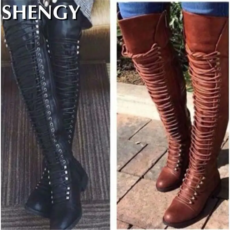 Women High Heel Boots Sexy Over The Knee Boots Women Fashion Cross Lace-Up Winter Warm Knight Thigh Tall Boots