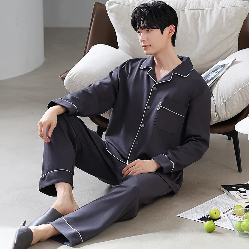 L-5XL105kg 플러스 사이즈 남성 잠옷 봄 코튼 긴팔 카디건 바지 한국 청소년 느슨한 Loungewear 투피스 슈트