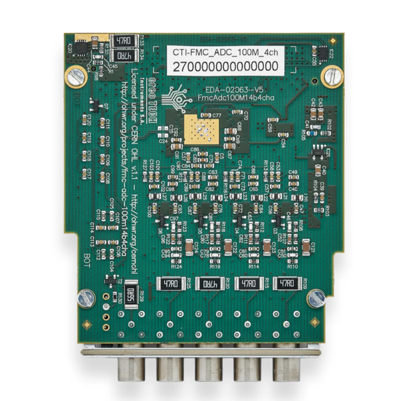 FMC ADC 100M 14B 4CHA is a 4 channel 100 MSPS (Mega Sample Per Second) 14-bit ADC card in FMC format (FPGA Mezzanine Card)(2-4w)