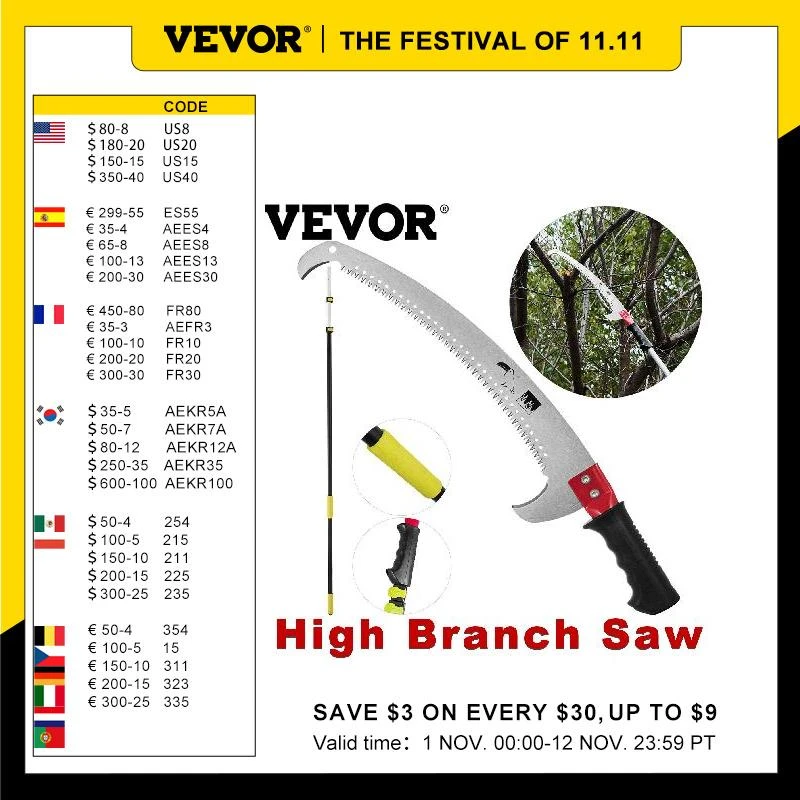 VEVOR Telescopic Pole Saw Reciprocating Hand Tools Pruner Aluminum Alloy High Branch Trimmer