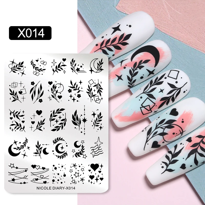 NICOLE DIARY Leaves Flower Nail Art Stamping Plates Drawing Template Geometric Stripe Line 3D Image Stencil Mold Printing Tools 4