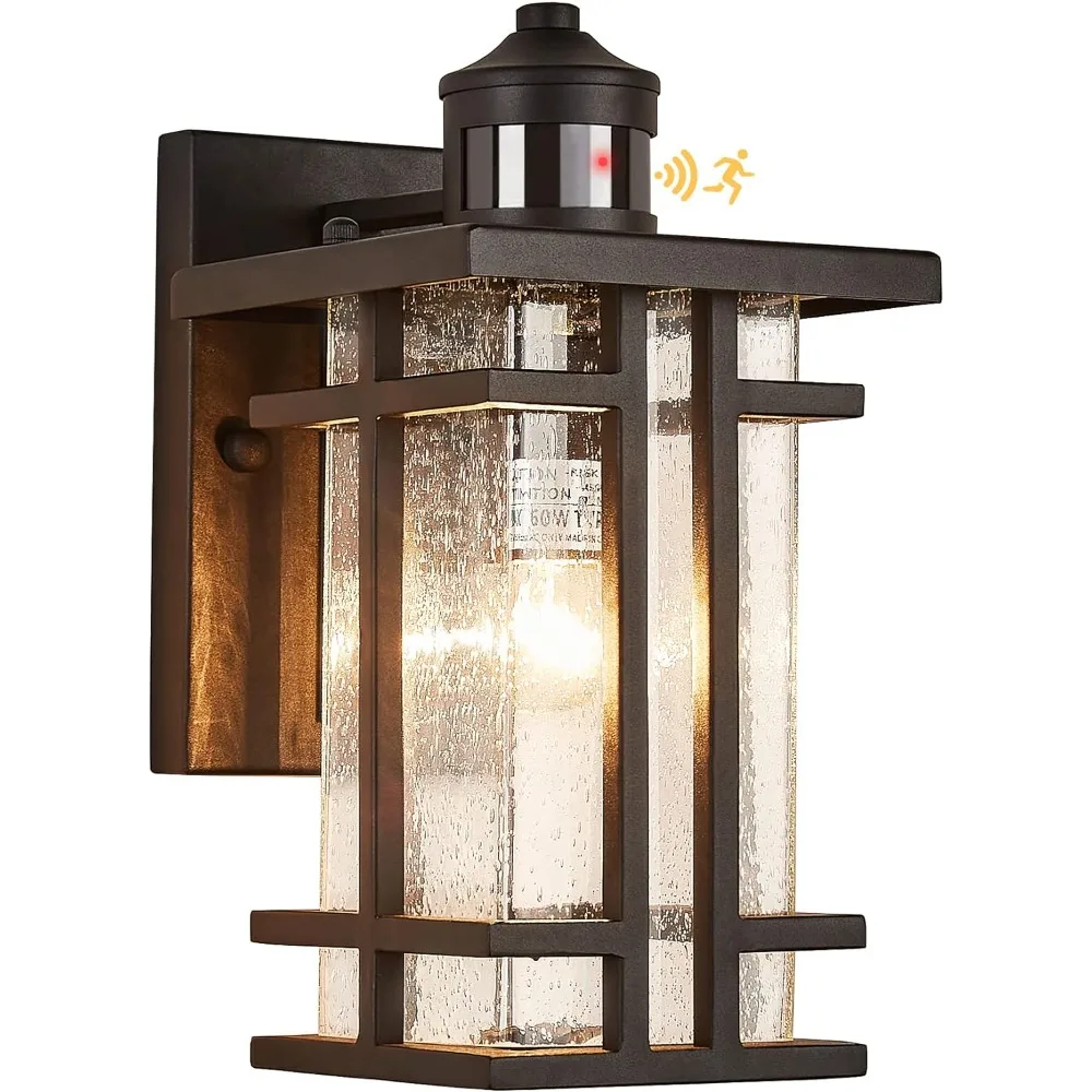 Outdoor Wall Lamp, Exterior Light Fixtures Wall Mount, 3 Modes Motion Activated, Outside Wall Sconce with Seeded Glass