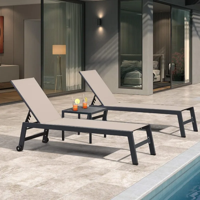 

Patio Chaise Lounge Set 2 Pieces Textilene Pool Lounge Chairs with Wheels Sunbathing Chair for Outdoor, Side Table Included