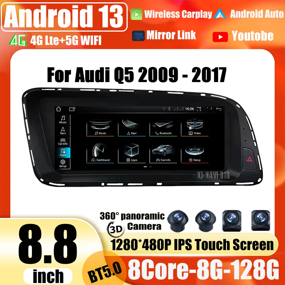 

For Audi Q5 2009 - 2017 IPS Screen 8.8 Inch Android 13 System 4G Lte Carplay Auto Steering wheel GPS Navigation Stereo Video