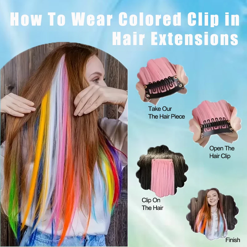 5 pieces of Colorful Clip on Synthetic Hair Extensions 22 inch Rainbow Wigs Suitable for Halloween Cosplay for Girls and Women