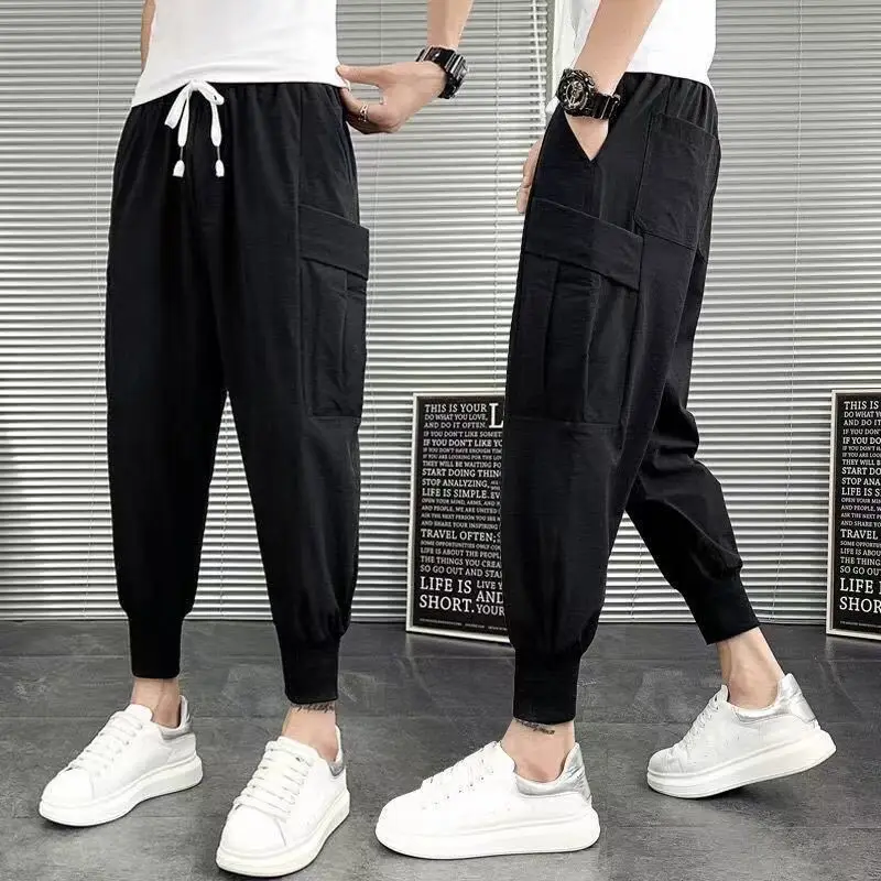 Summer Elegant Fashion Harajuku Slim Fit Ropa Hombre Loose Casual All Match Cropped Pants Solid Pockets Cotton Wide Leg Pants