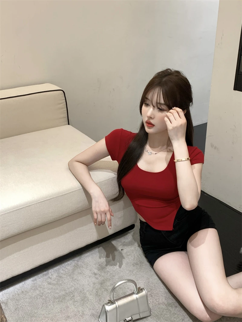 Summer Korean Fashion Y2K T-shirt Woman Japane Crop Top U-neck Split Sexy Red Pink White Tee Shirt Women Vintage767_voghion.com