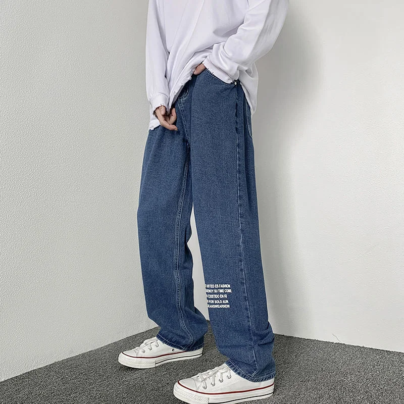 

Hiphop printed letter washed jeans oversize loose trend pants casual wide-leg straight mopping denim trousers men's four seasons