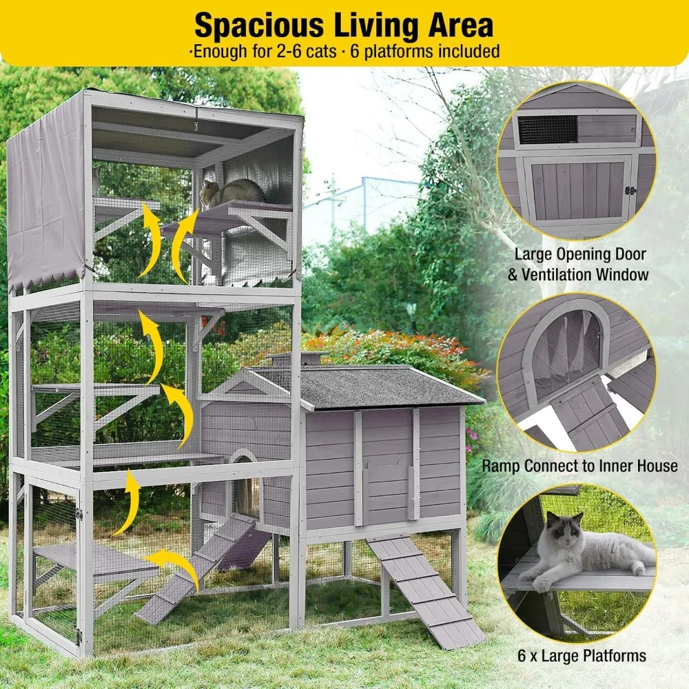 Cat House Catio Outdoor Cat Enclosures, Large Kitty House Condo Playpen with Platforms & Unique Deformation Cats