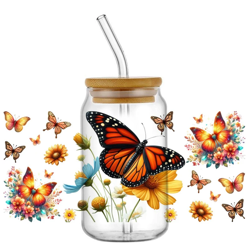 Butterfly flowers Washable Cup Transfer Sticker for 16oz Libbey Glasses DIY Waterproof UV DTF Cup Wrap