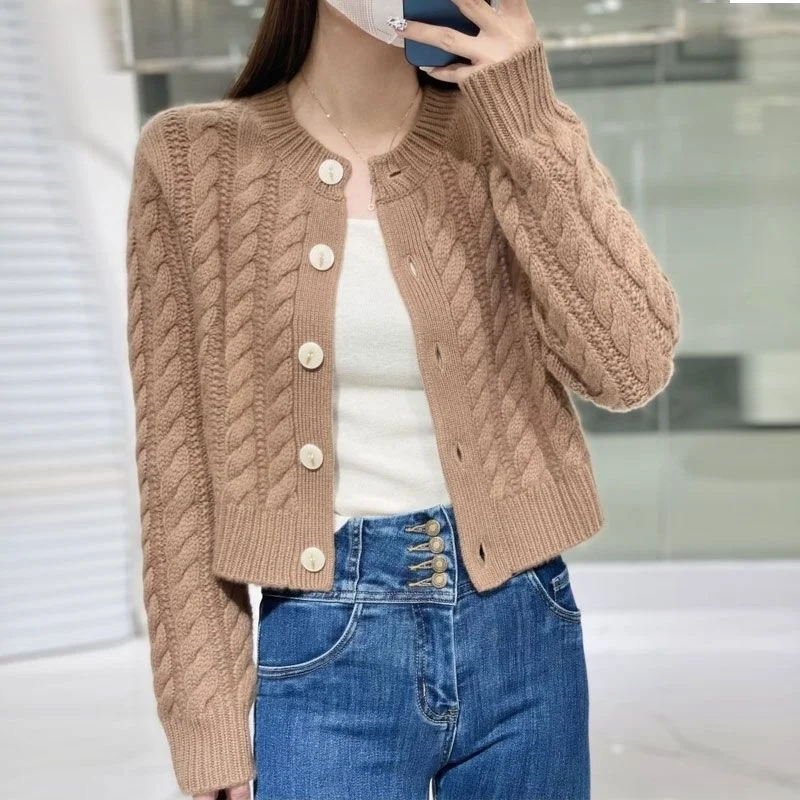 

European pure cashmere sweater cardigan women round neck fried dough twist loose lazy short wool knitting sweater cardigan coat