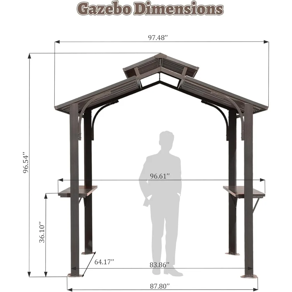 8 x 5 ft hardtop BBQ gazebo, all-weather outdoor gazebo with 2 side frames and ceiling hooks, galvanized steel double roof