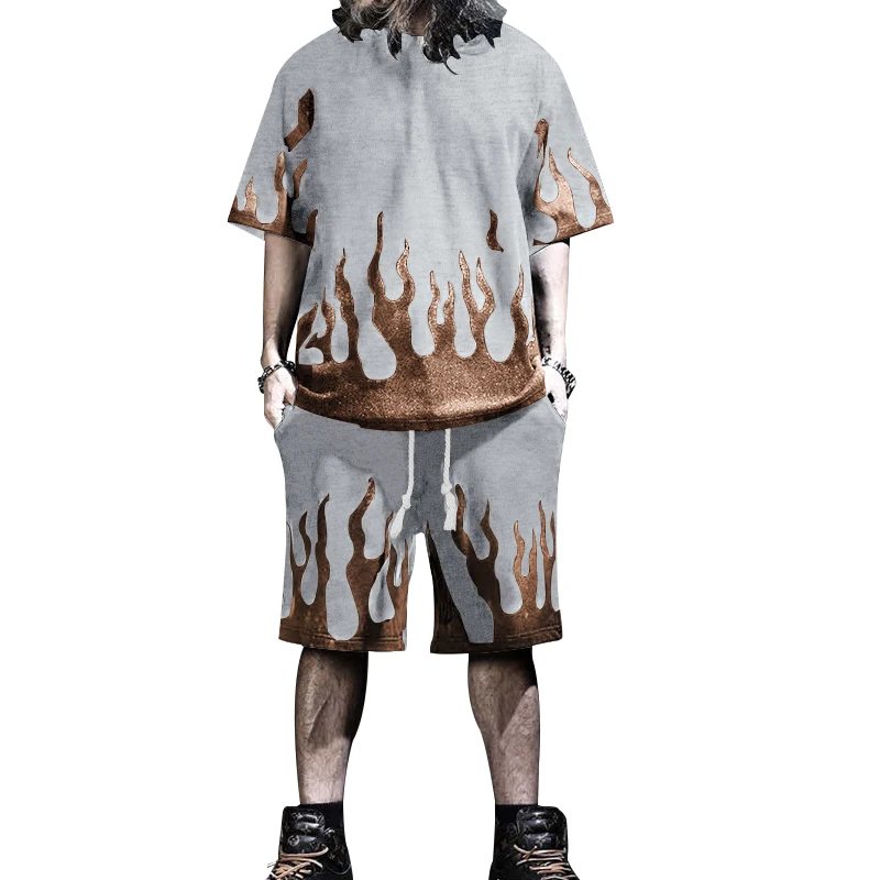 2024 New Summer Men's Set Retro Style Street Hip Hop Men's Clothing Cool Flame Print Loose Size T-shirt Shorts Two-piece Set