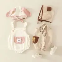 Summer Baby Romper Unisex Baby Bodysuit Cartoon Bear Prints Sleeveless Pocket Romper with Rabbit Hat Newborn Outfit