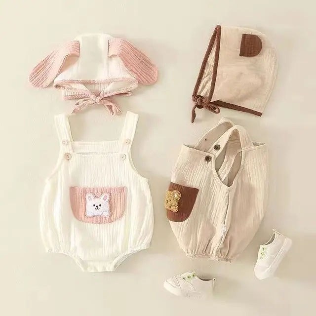 Summer Baby Romper Unisex Baby Bodysuit Cartoon Bear Prints Sleeveless Pocket Romper with Rabbit Hat Newborn Outfit 1