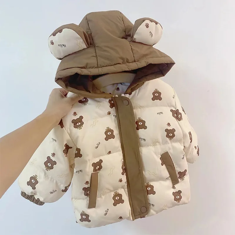 8024 Children Hooded Coat Cotton-padded Jacket Winter New Super Cute Baby Boy's Coat Thick Warm Bear