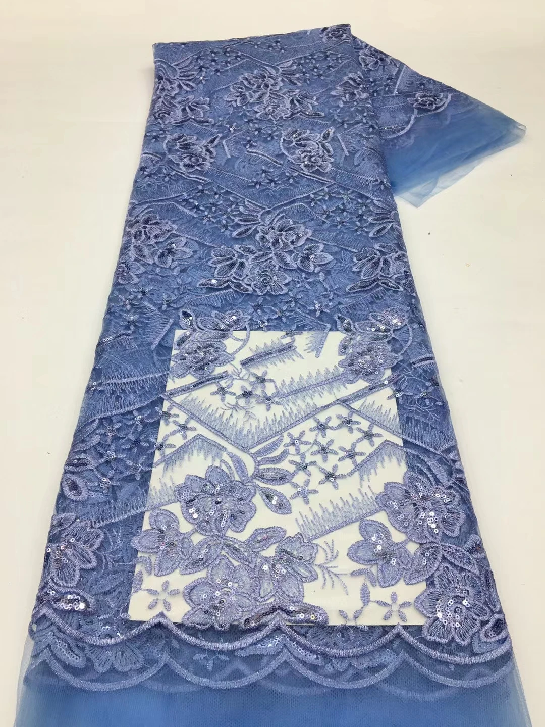 

Beautiful Blue French Lace Sequins Tulle Embroidery Fabric Net Garment For Dress Sewing Materials Decoration