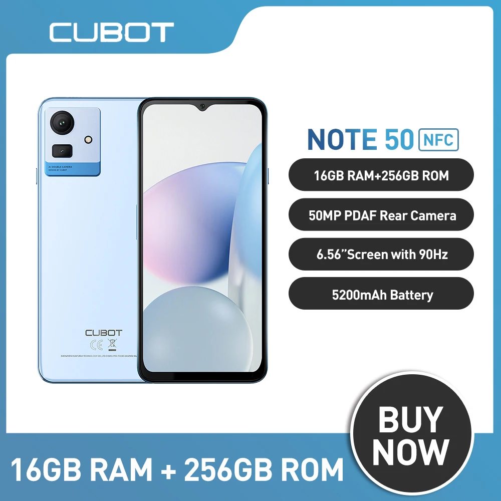 Cubot Note 50,16Gb Ram(8Gb + 8Gb Esteso) + 256Gb Rom, Schermo 6.56 ", Fotocamera Unisoc T606,50Mp, Batteria 5200Mah, Android 13,Nfc 4G