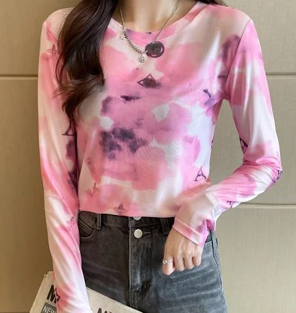 

gradient pink Long Sleeve Mesh T Shirts Women Printed Sunscreen Tops Women Inner and Outer Wear blue Mesh Tees dis0