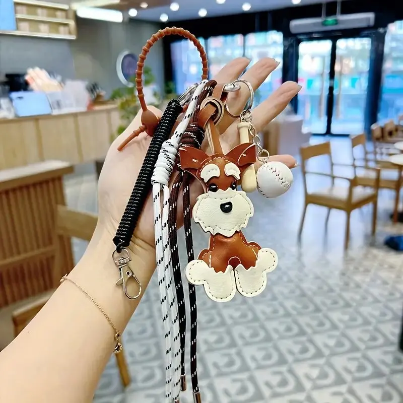 Cartoon PU Animal Key Chain Cute Schnauzer Keyring For Women PU Leather Dog Puppy Pendant Keychain Backpack Pendant Ornaments