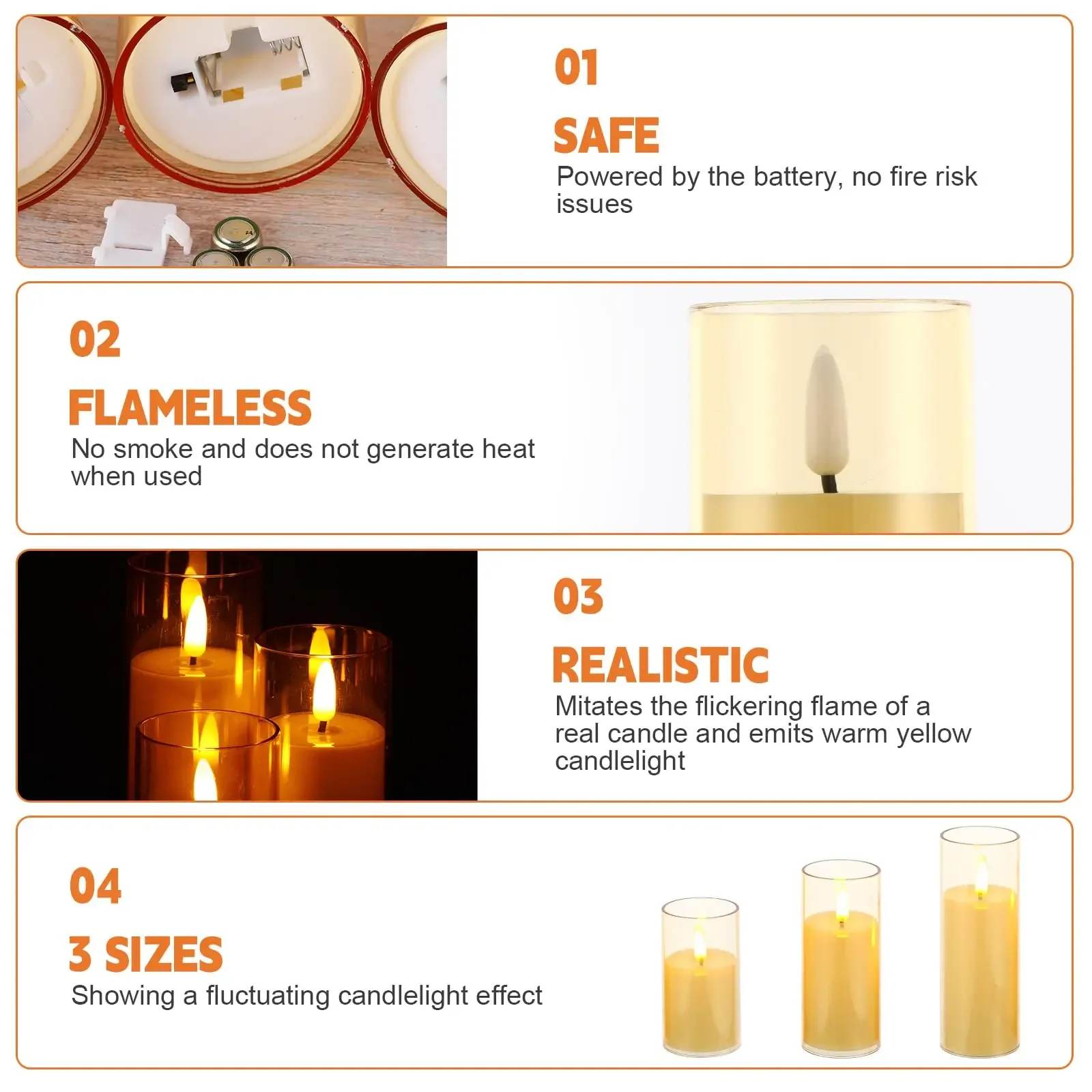 3 PCS/Set LED Flickering Flameless Pillar Amber Candles Battery Operated Acrylic Electric Candle for Wedding Halloween Christmas