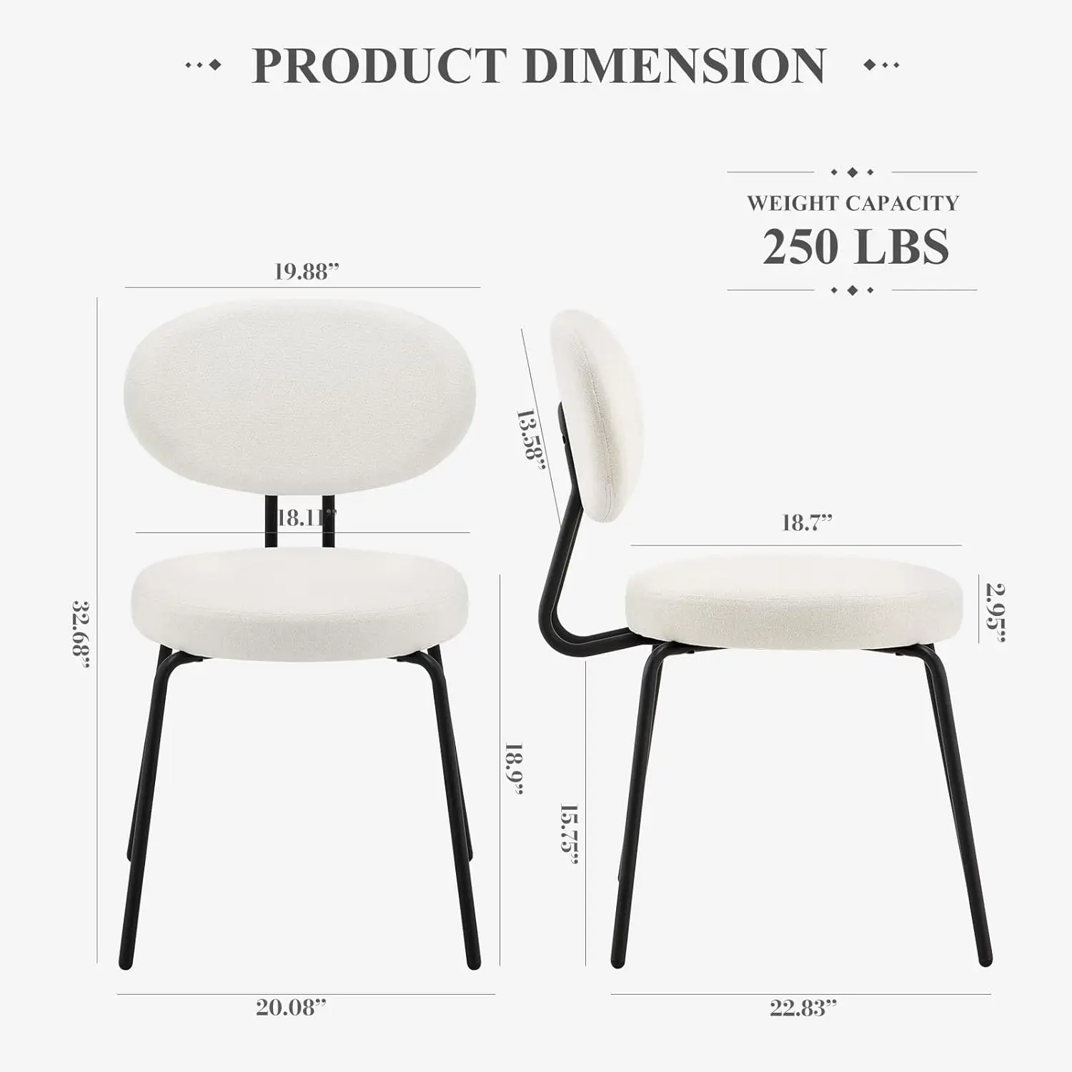 Modern Dining Chairs Set of 2. Mid Century. Upholstered. Curved Backrest. Round Seat. Black Legs. Cream.