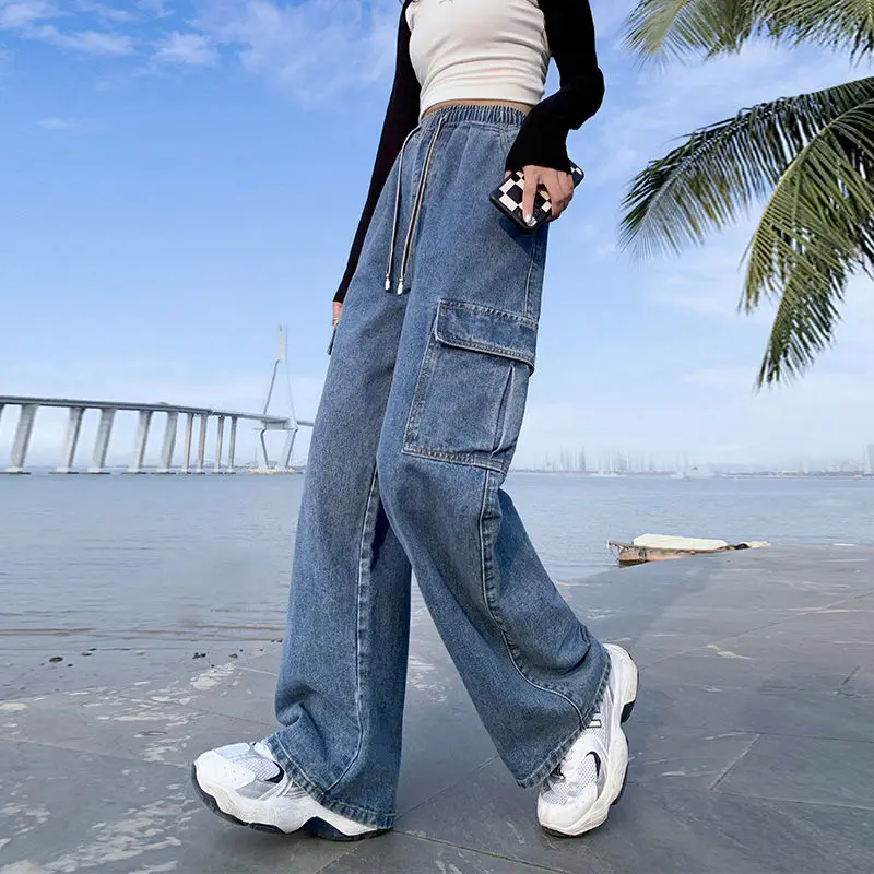 女性用ハイウエストカーゴジーンズ、広い伸縮性のあるウエストバンド