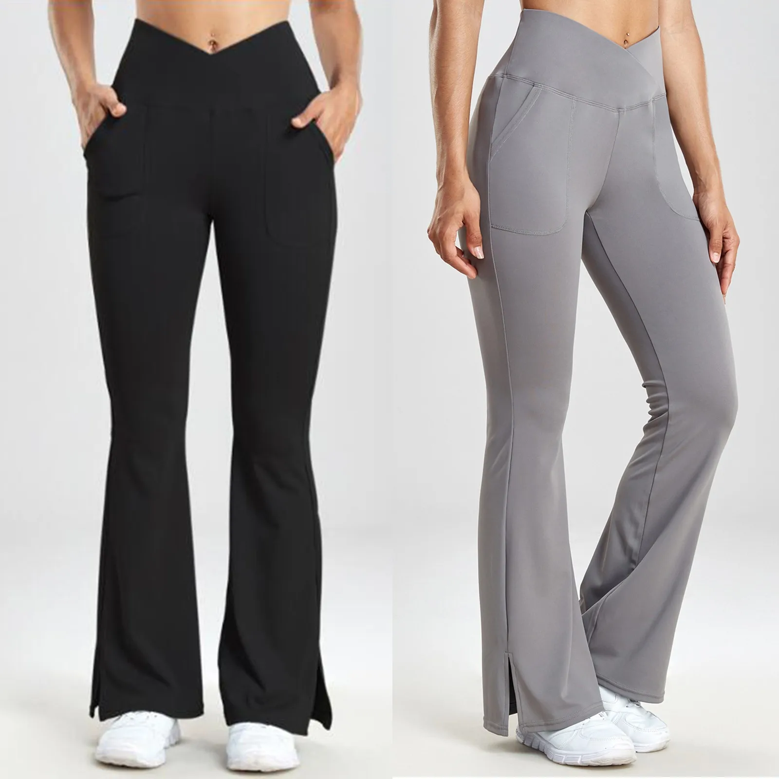 

Мягкие удобные Облегающие расклешенные брюки для женщин, модные брюки с высокой талией и разрезом на подоле, повседневные Однотонные эластичные спортивные брюки