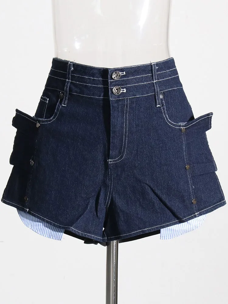BPN Vintage Solid Jeans For Women High Waist Slimming Patchwork Buttons Casual Slimming Streetwear Denim Shorts Female Fashion